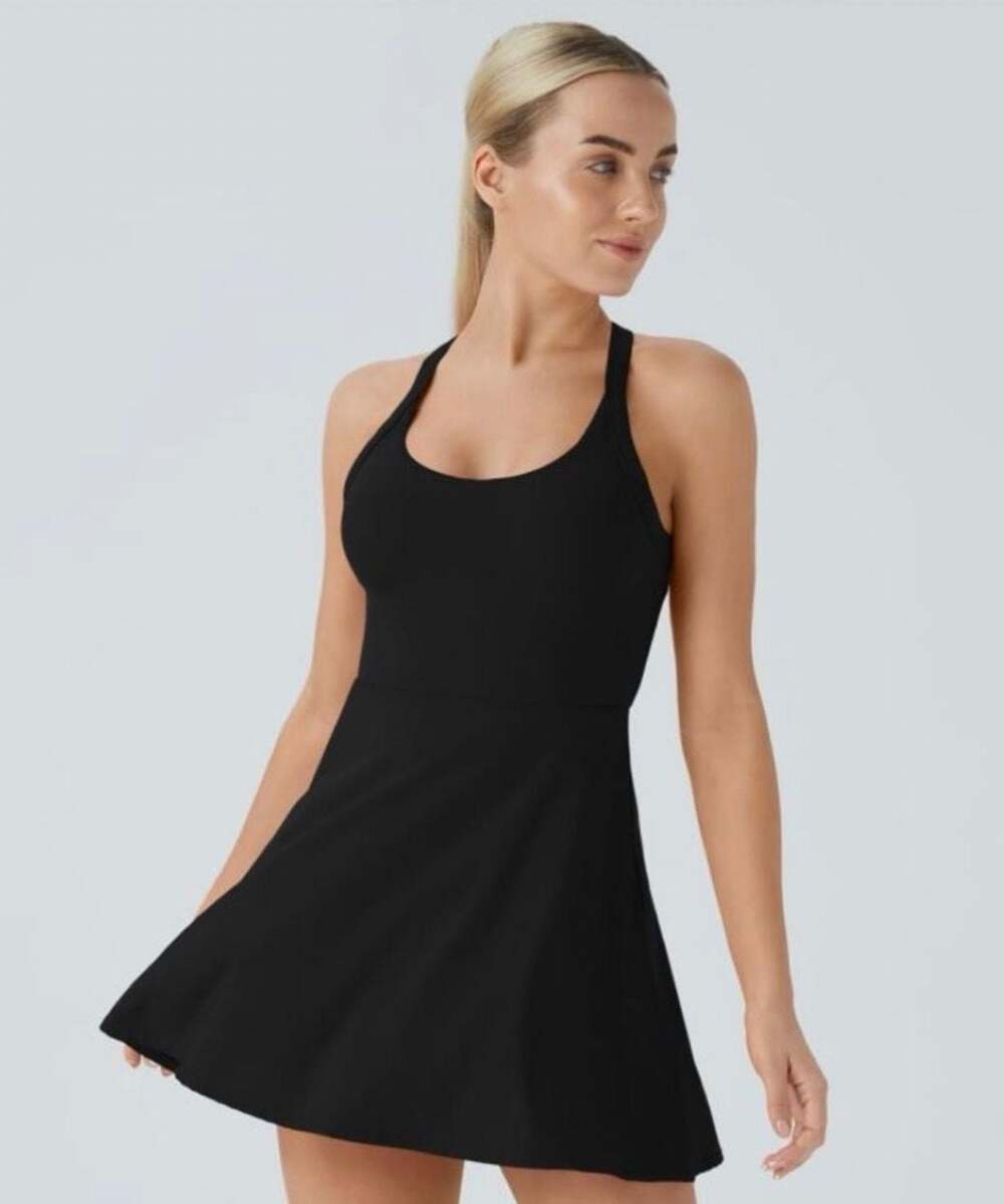 Halara SoftlyZero Airy Backless Twisted Flare Active Dress easy peasy shorts